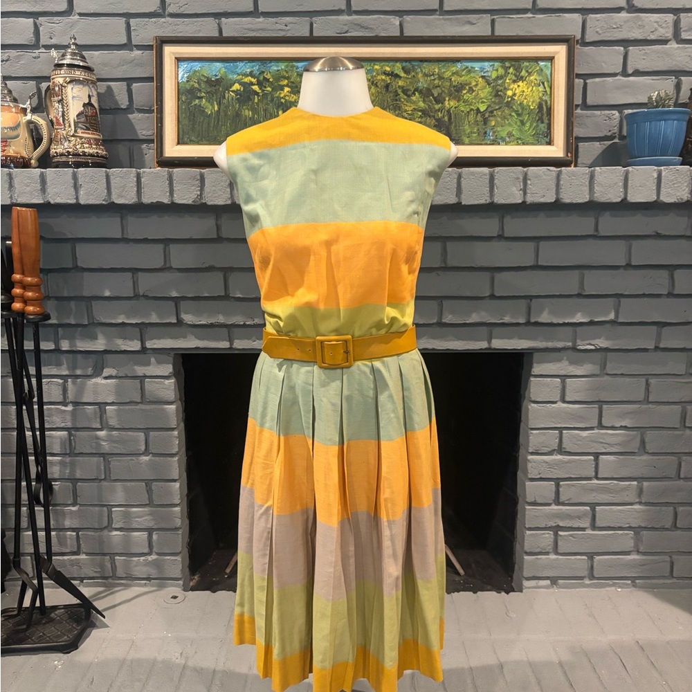 Vintage Yellow & Mint Striped Sleeveless Midi Dress with Belt